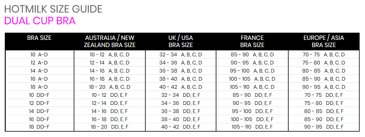 Bra Sizing Chart - Measurement Guide - Hotmilk Lingerie